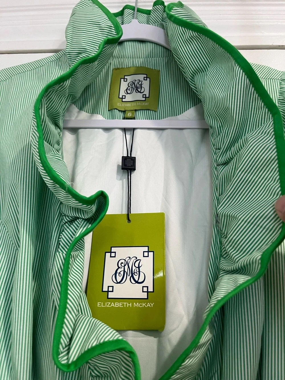 Elizabeth McKay Green & White Striped Ruffled Scotland Wrap Dress Sz. 6 NWT - Picture 5 of 11